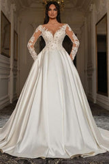 A Line Sleeve White Wedding Dress Beaded Lace Up Lace Ball Gown Bridal Gown With Pearls