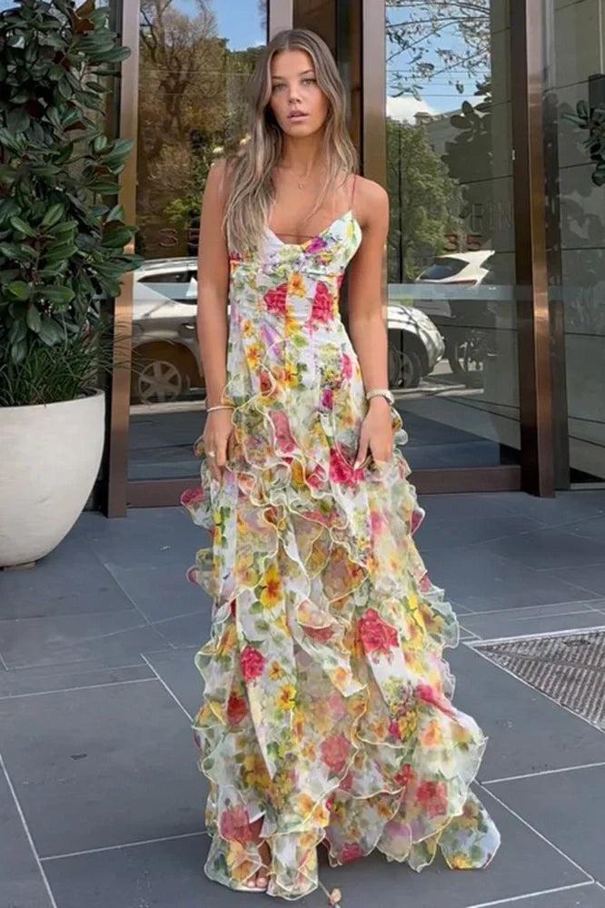 A Line Spaghetti Straps Blue Floral Printed Long Party Dress Formal Evening Gown