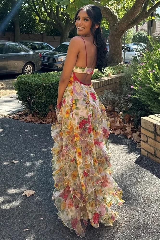 A Line Spaghetti Straps Blue Floral Printed Long Party Dress Formal Evening Gown