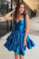 A Line Spaghetti Straps Blue Homecoming Dress Tiered Short Prom Dress with Bows