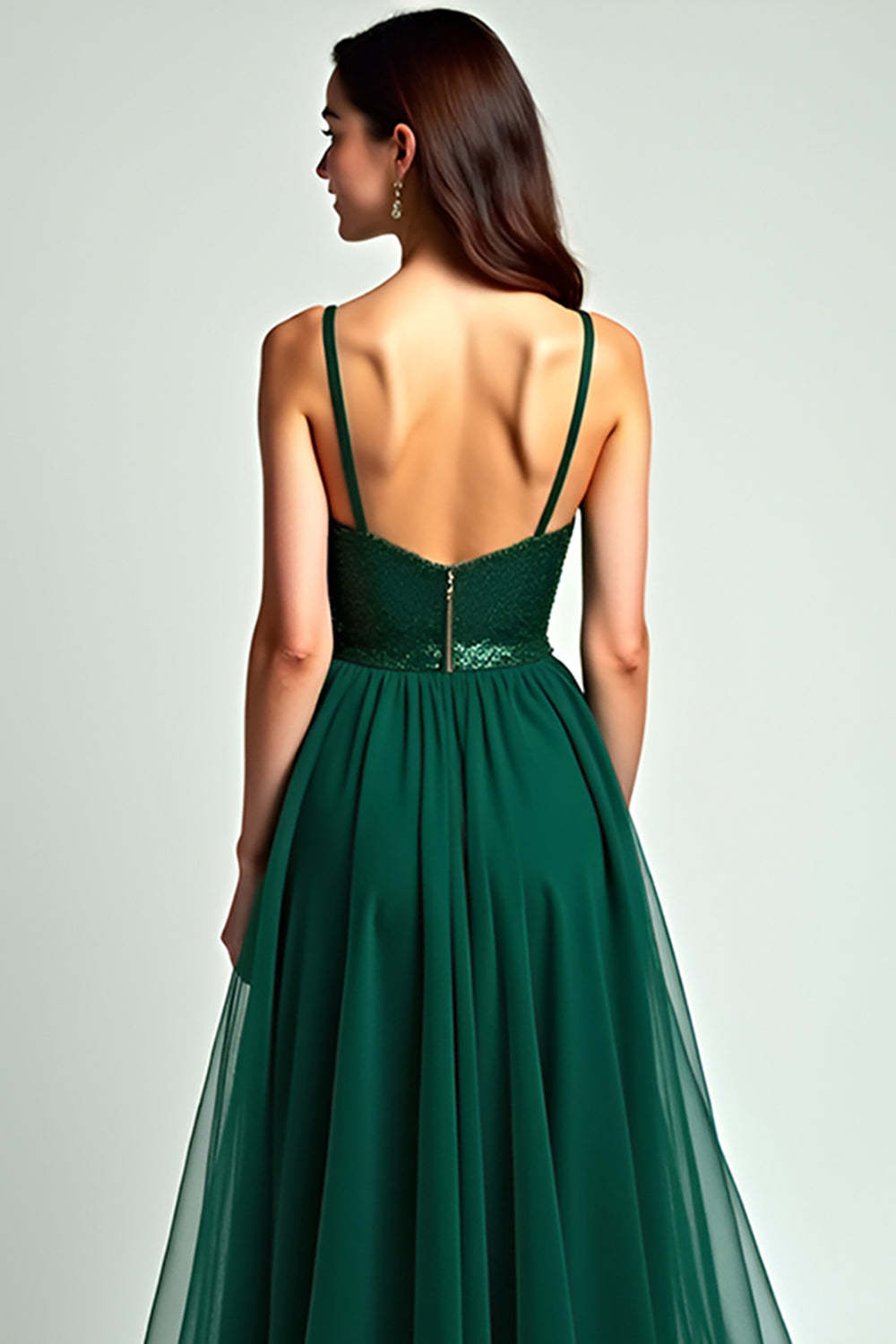 A Line Spaghetti Straps Dark Green Wedding Guest Dress Long Formal Dress With Slit