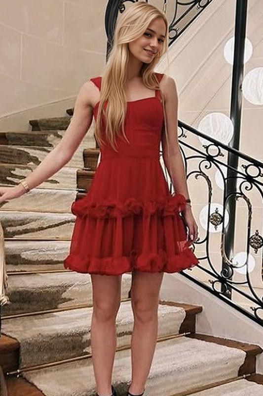 A-Line Spaghetti Straps Ruffles Short Homecoming Dress