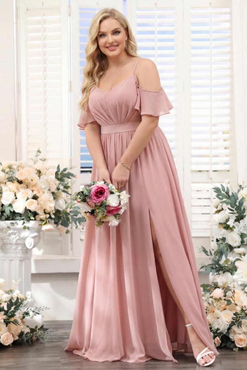 A-Line Spaghetti Straps Split Side Ruched Floor-Length Chiffon Plus Size Bridesmaid Dresses