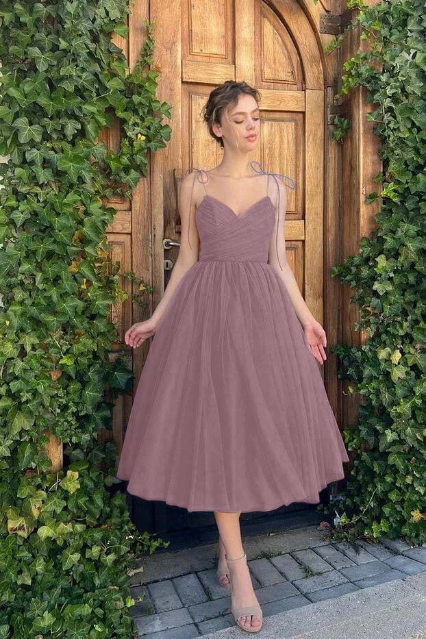 A-Line Spaghetti Straps Tea Length Cocktail Party Dresses Blue Homecoming Dress