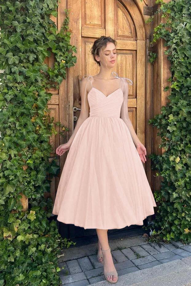 A-Line Spaghetti Straps Tea Length Cocktail Party Dresses Blue Homecoming Dress