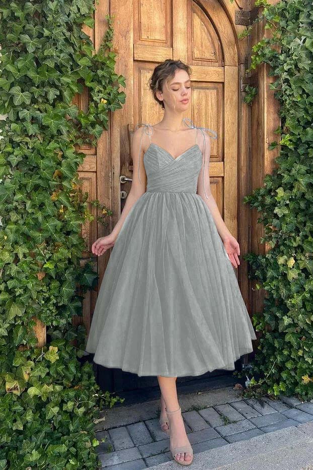 A-Line Spaghetti Straps Tea Length Cocktail Party Dresses Blue Homecoming Dress