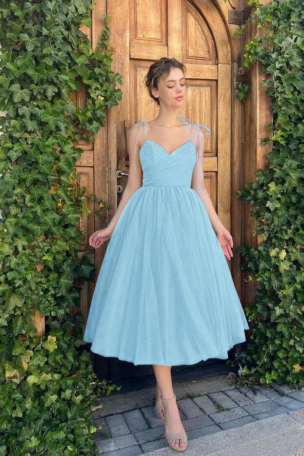 A-Line Spaghetti Straps Tea Length Cocktail Party Dresses Blue Homecoming Dress