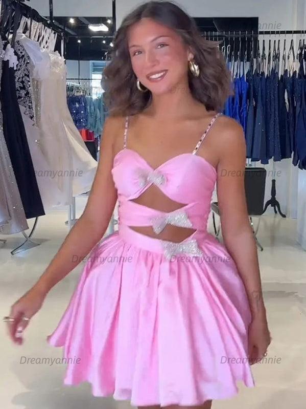 A-Line Spaghetti Straps lllusion Empire Satin Homecoming Dress