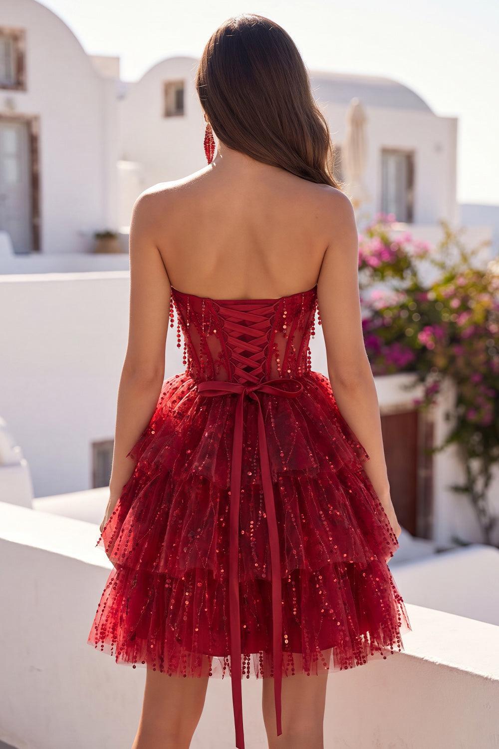 A Line Sparkly Strapless Burgundy Short Beaded Corset Homecoming Dress