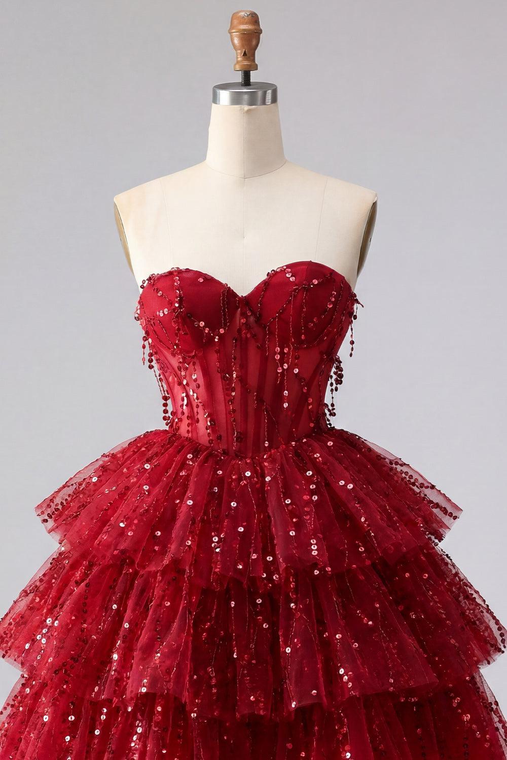 A Line Sparkly Strapless Burgundy Short Beaded Corset Homecoming Dress