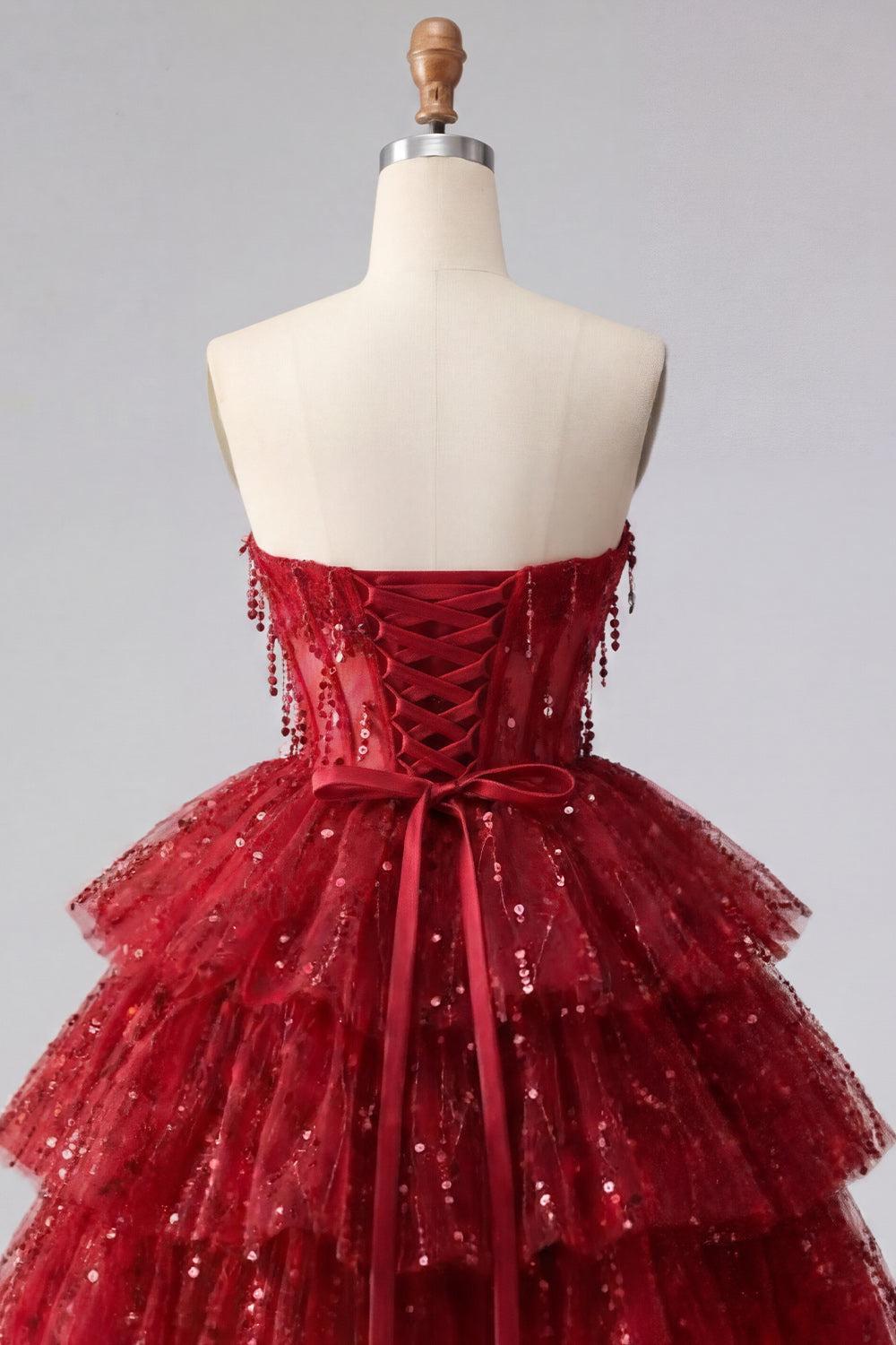 A Line Sparkly Strapless Burgundy Short Beaded Corset Homecoming Dress