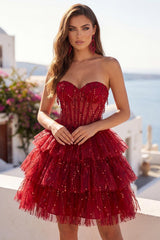 A Line Sparkly Strapless Burgundy Short Beaded Corset Homecoming Dress
