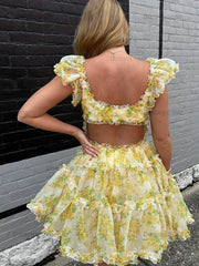 A-Line Square Neck Floral Print Tulle Short Homecoming Dress