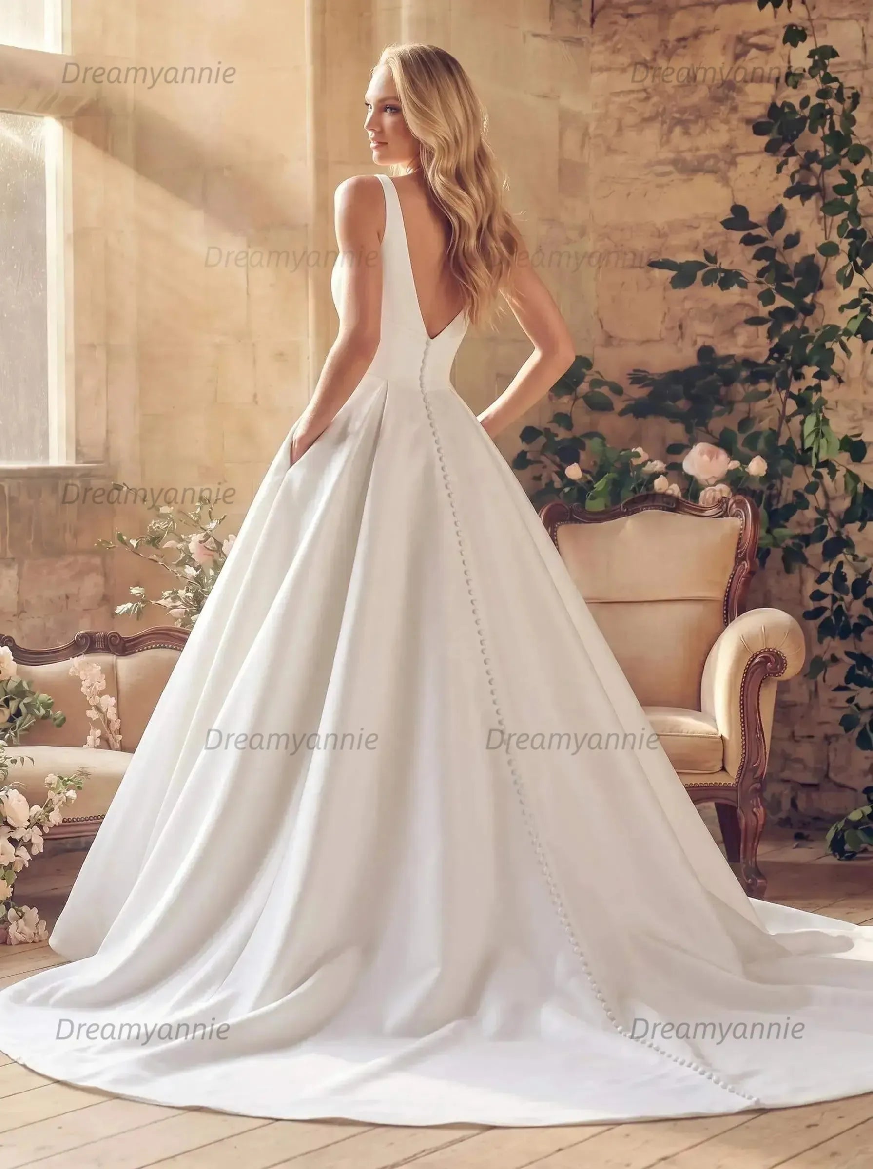 A Line Square Neckline Sleeveless Court Train Satin Wedding Dress with Pockets