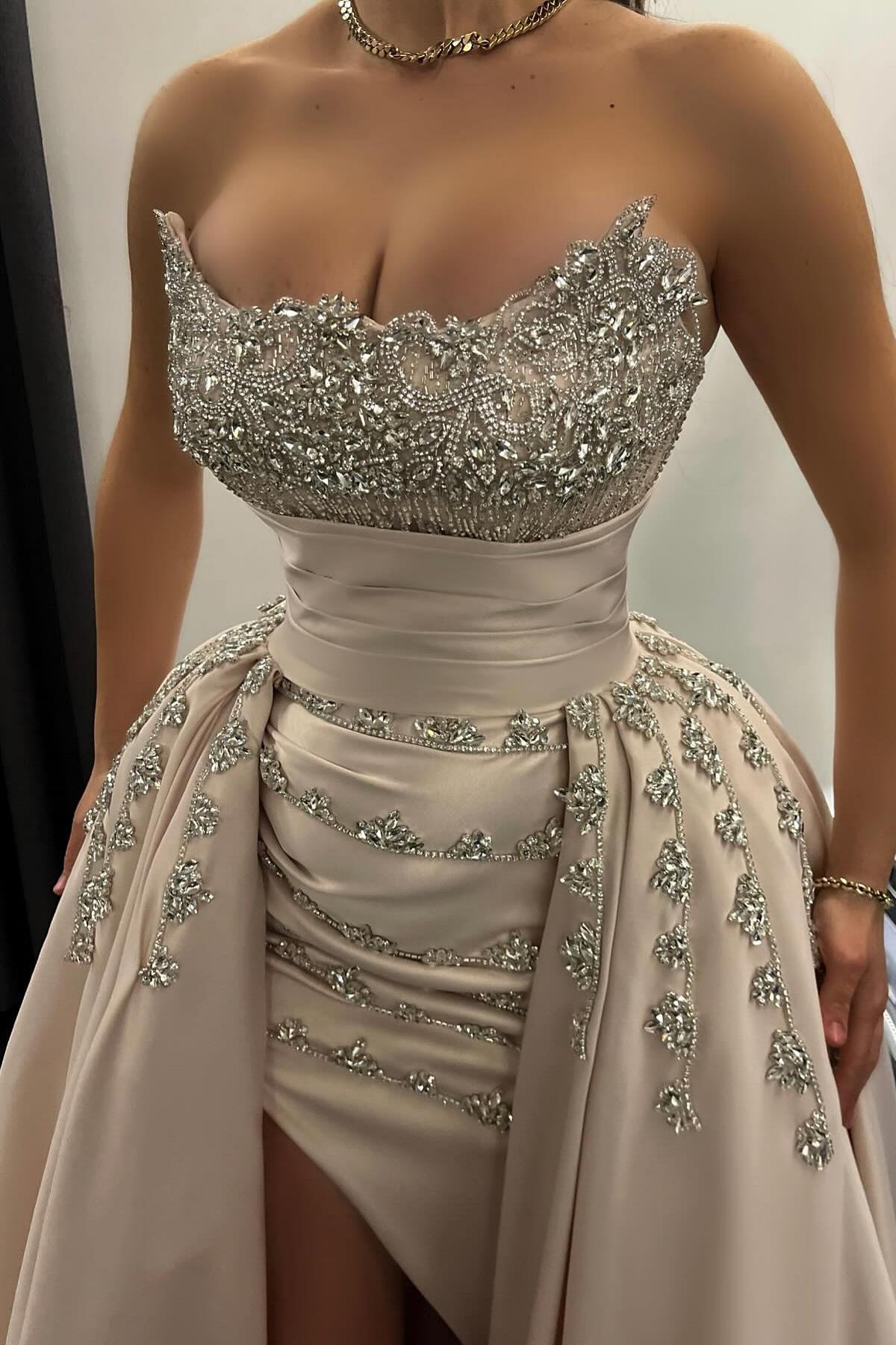 A Line Strapless Beading Sleeveless Slit Satin Formal Dress With Rhinestones
