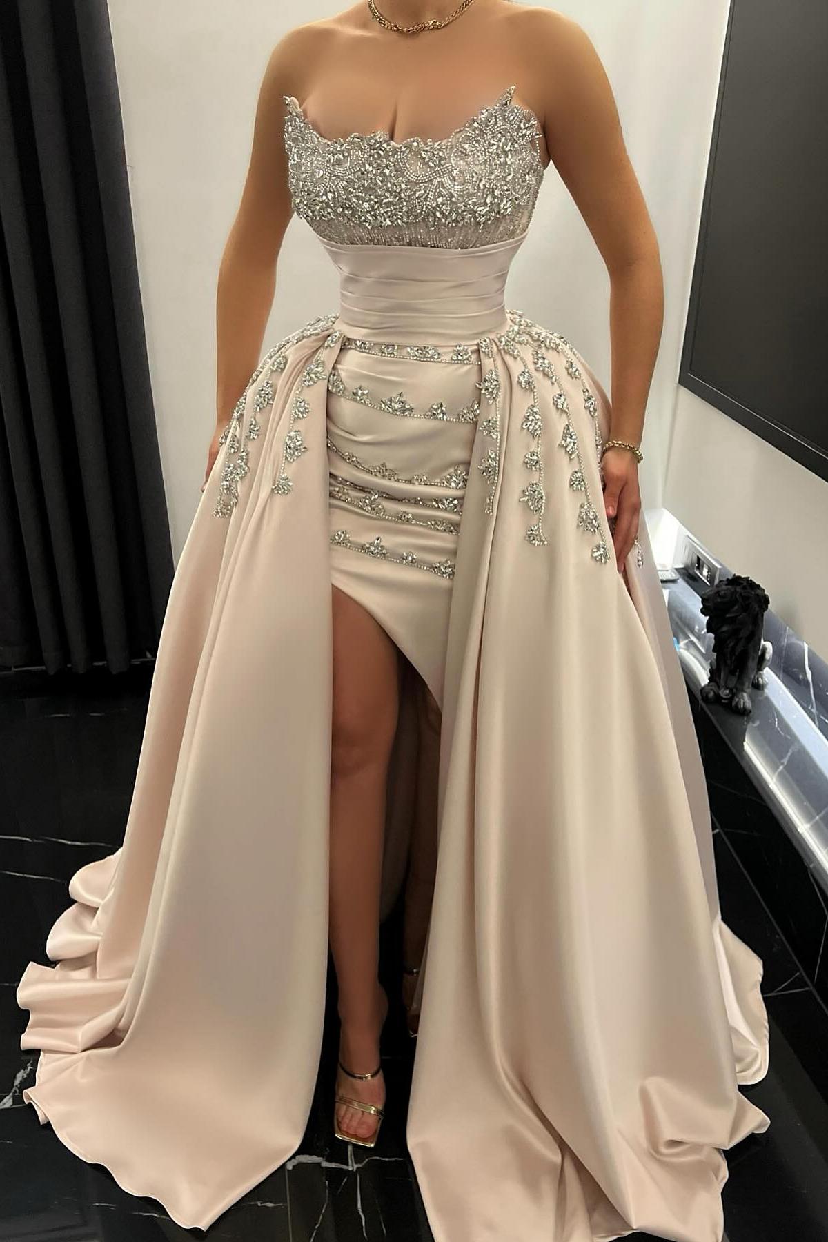 A Line Strapless Beading Sleeveless Slit Satin Formal Dress With Rhinestones