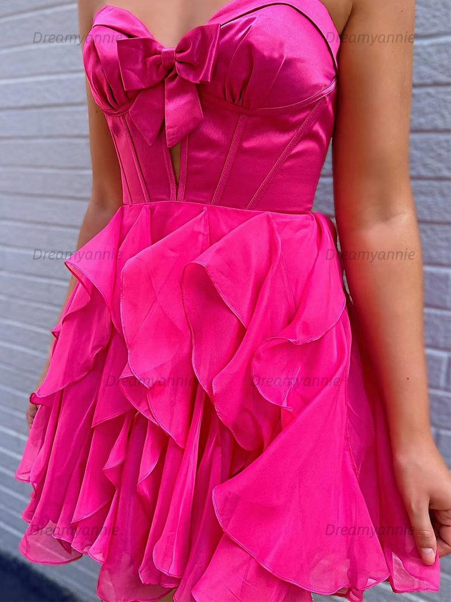 A Line Strapless Cut Front Homecoming Dress with Bow