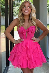 A Line Strapless Cut Front Homecoming Dress with Bow