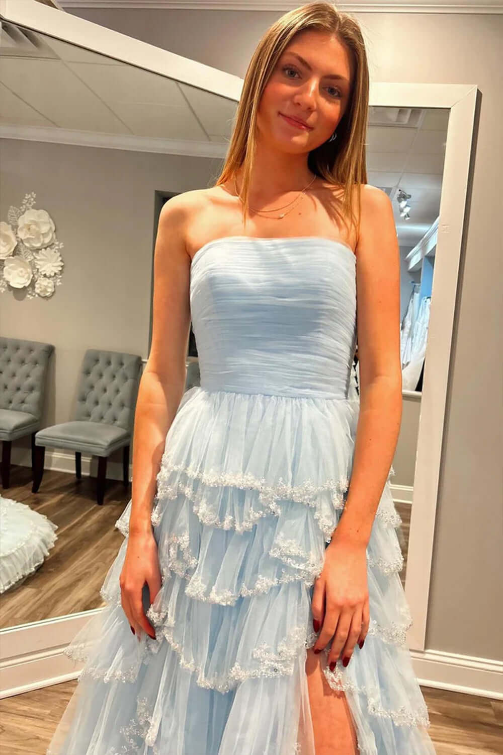 Dreamyannie Light Blue Prom Dress Strapless Ruffled Long Formal Dress With Slit