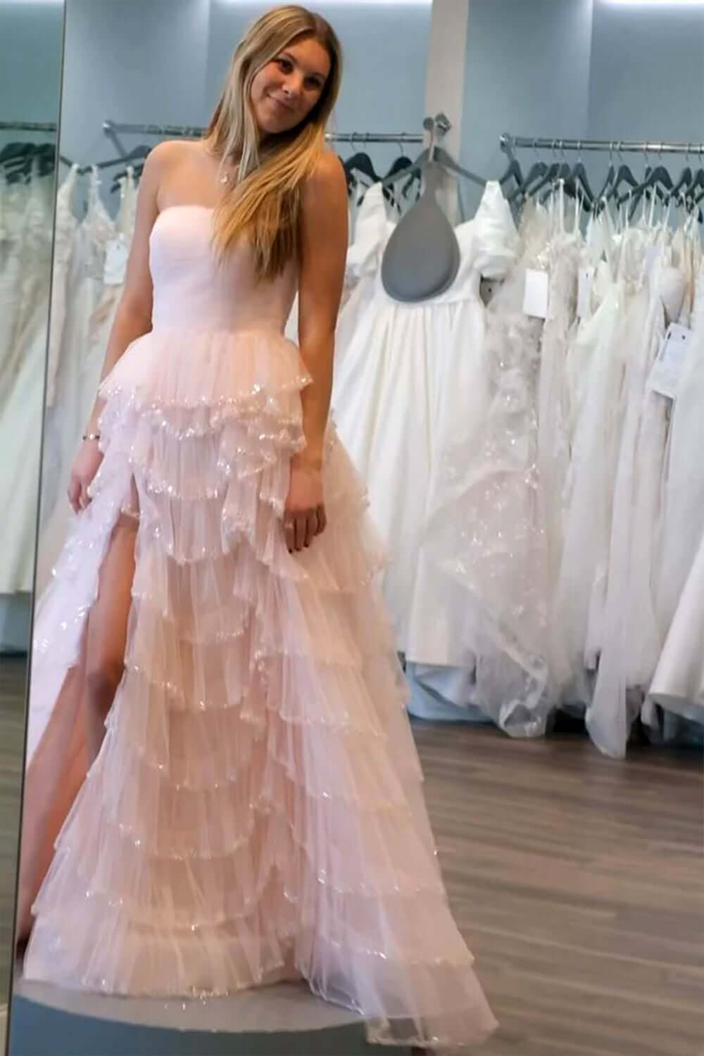 Dreamyannie Light Blue Prom Dress Strapless Ruffled Long Formal Dress With Slit