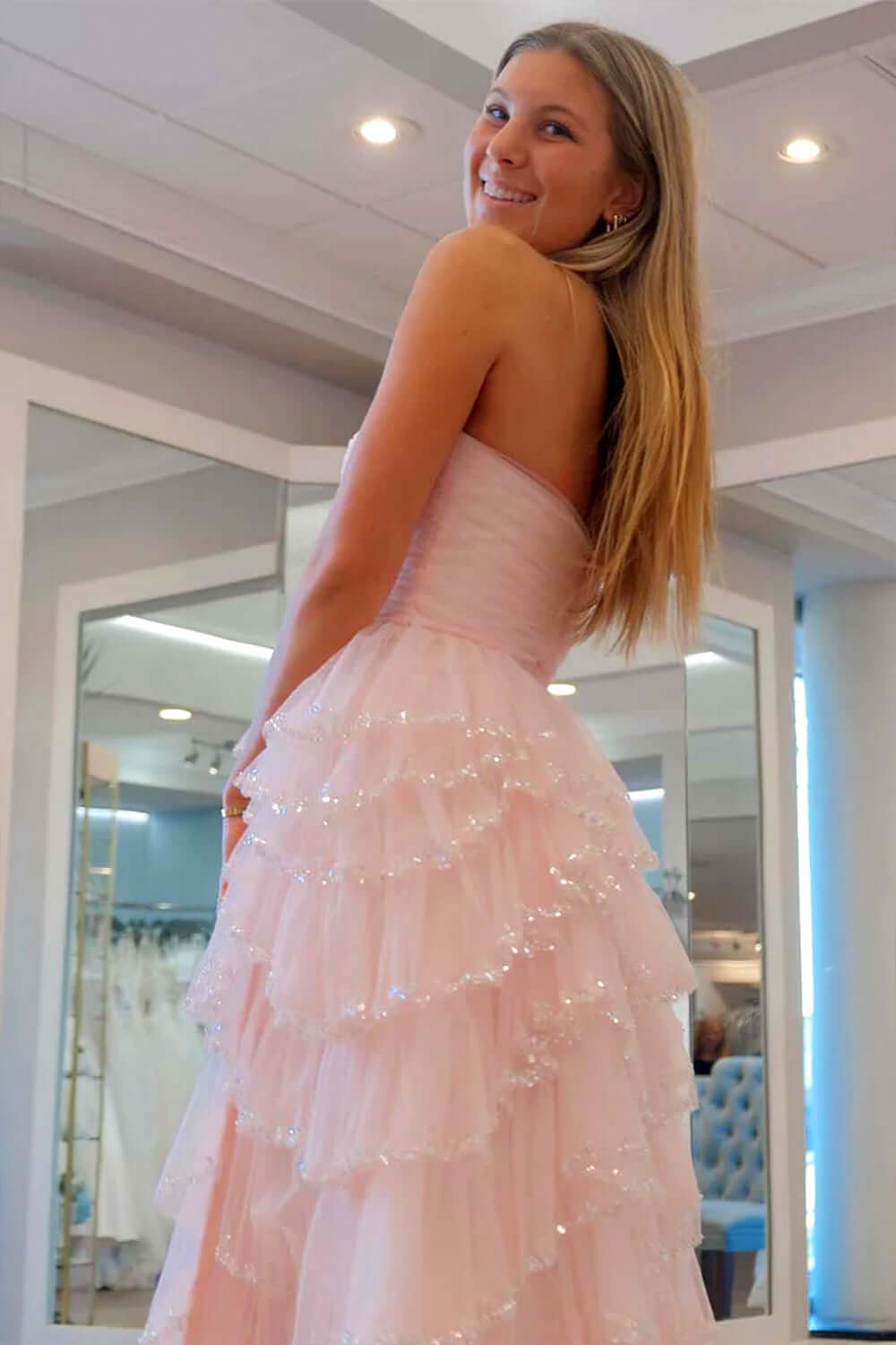 Dreamyannie Light Blue Prom Dress Strapless Ruffled Long Formal Dress With Slit