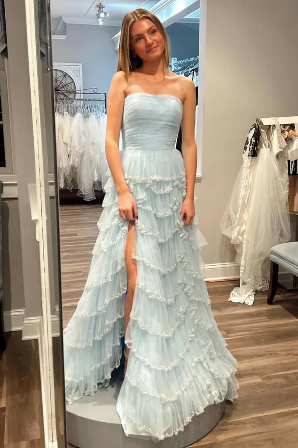 Dreamyannie Light Blue Prom Dress Strapless Ruffled Long Formal Dress With Slit