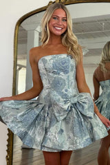 A Line Strapless Printed Short Homecoming Dress with Bowknot