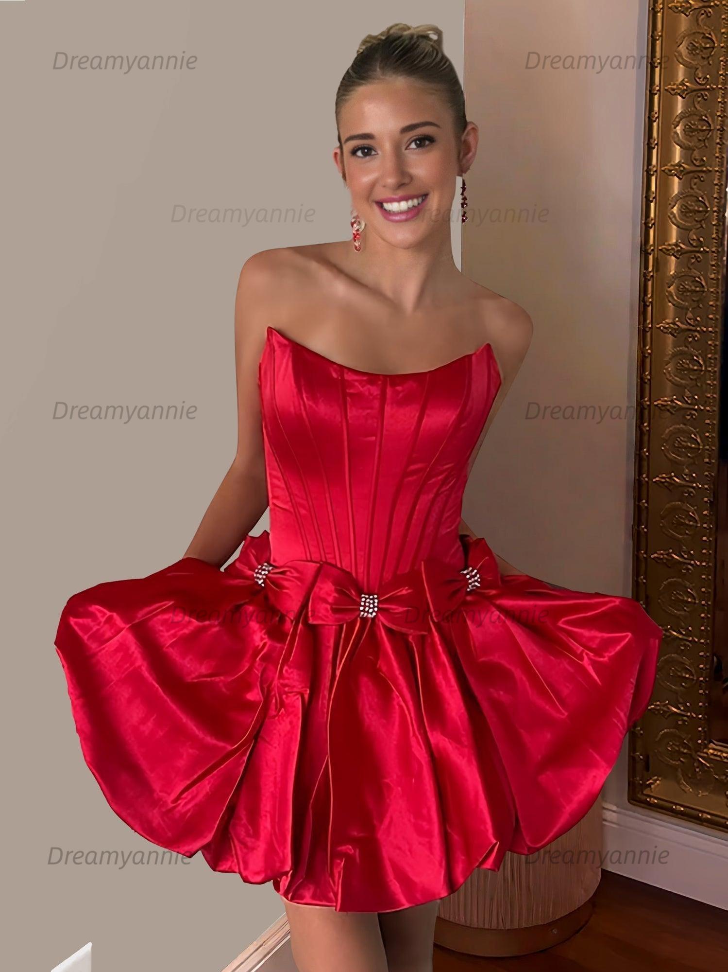 A-Line Strapless Short Satin Homecoming Dress With Bowknot
