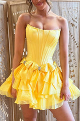A-Line Strapless Short Satin Homecoming Dress With Bowknot