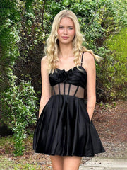 A Line Straps Satin Short Homecoming Dresses with Bow