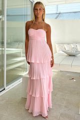 A Line Sweetheart Pink Long Prom Dress With Ruffles Formal Evening Gown