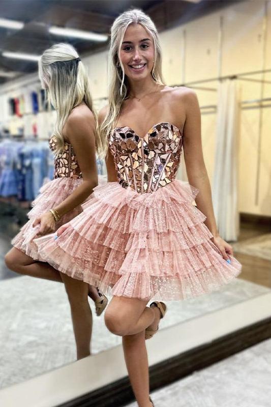 A-Line Sweetheart Short Tiered Tulle Homecoming Dress with Mirror