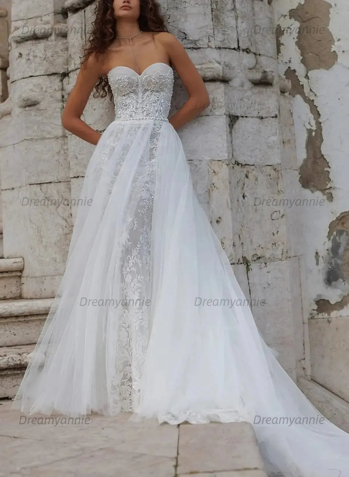 A Line Sweetheart Sleeveless Chapel Train Lace Tulle Wedding Dress with Beading and Flowers