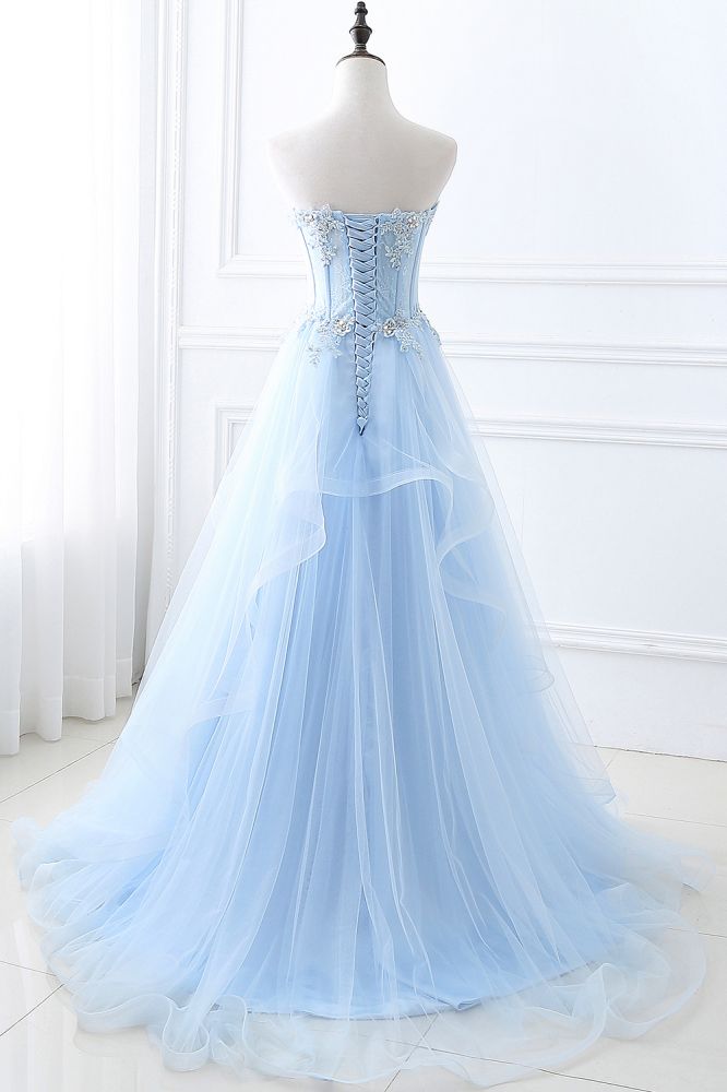 A Line Sweetheart Tulle Sky Blue Prom Party Gowns With Sequins