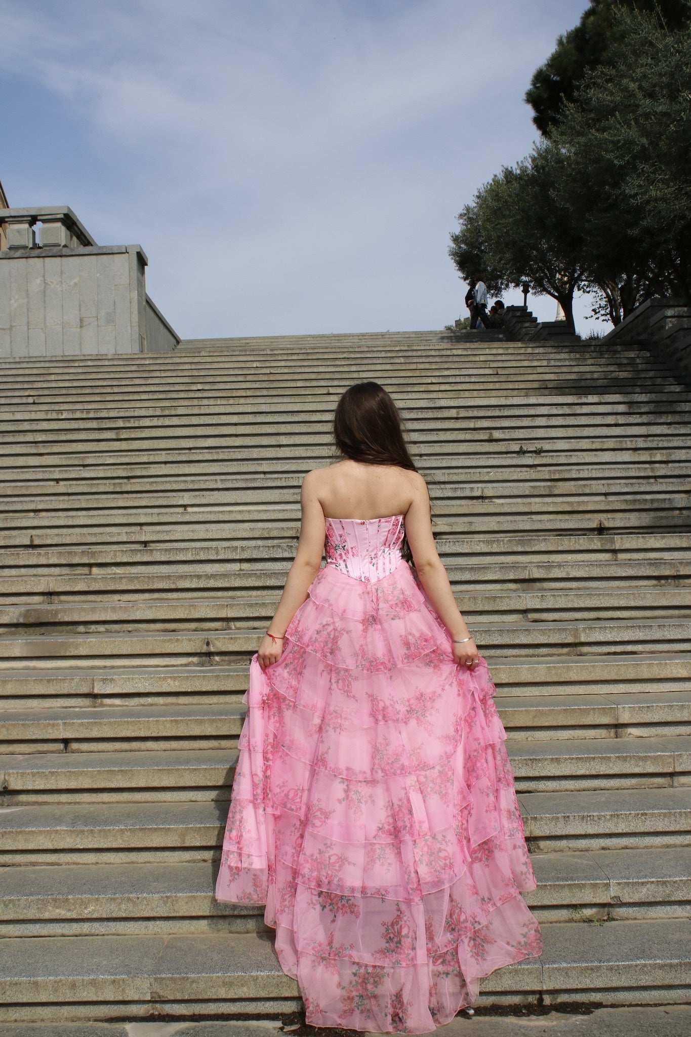 A Line Tiered Prom Dress Blush Sweetheart Corset Floral Long Formal Dress
