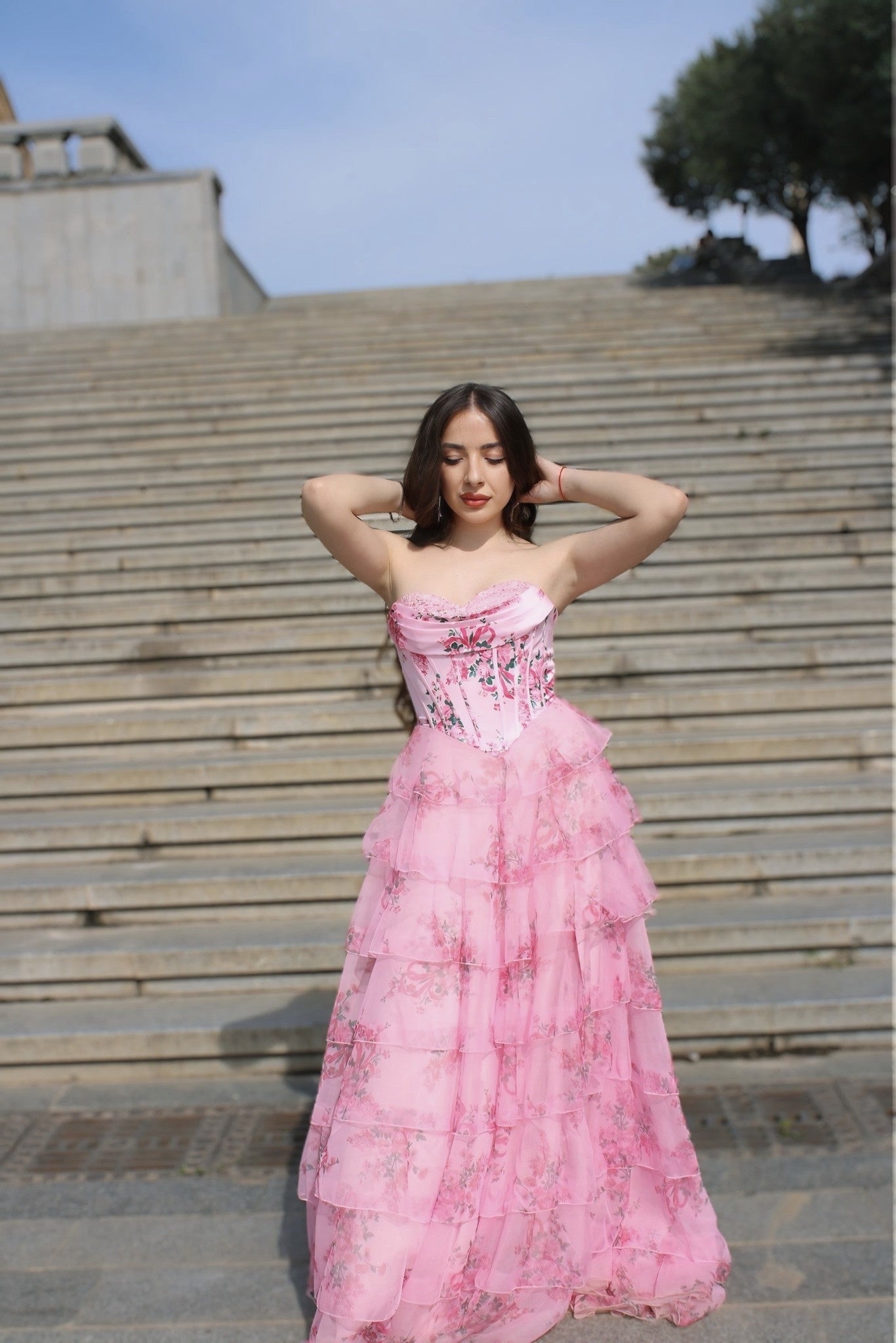 A Line Tiered Prom Dress Blush Sweetheart Corset Floral Long Formal Dress