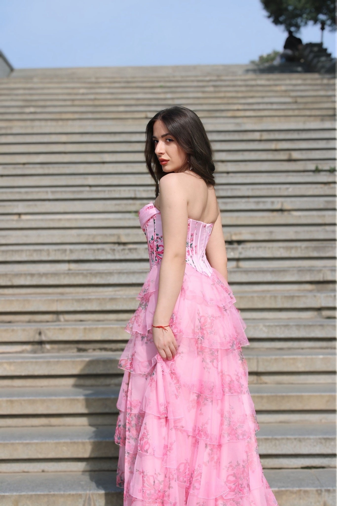 A Line Tiered Prom Dress Blush Sweetheart Corset Floral Long Formal Dress