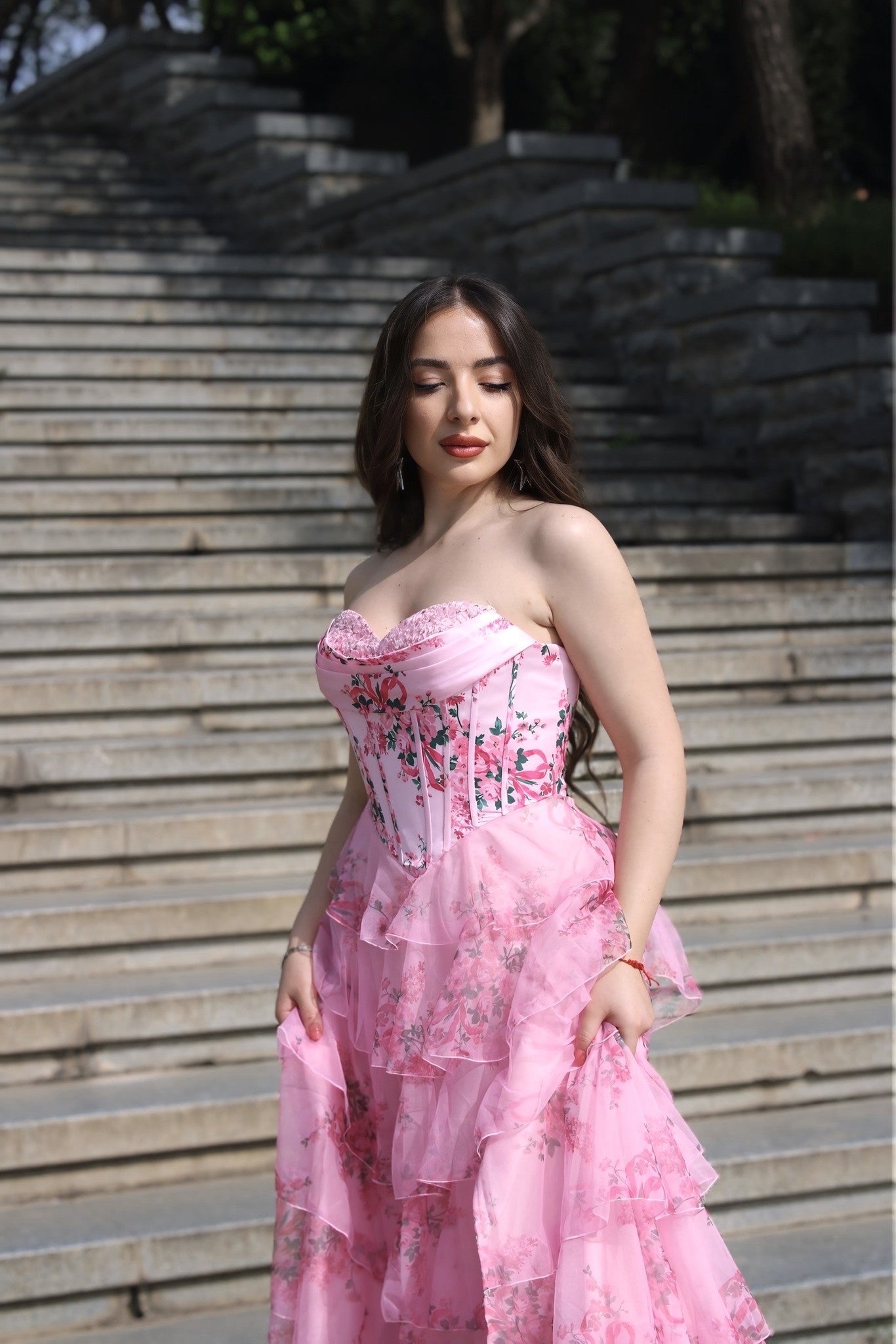 A Line Tiered Prom Dress Blush Sweetheart Corset Floral Long Formal Dress