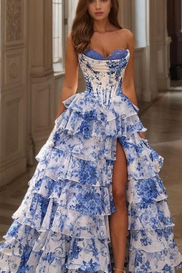 A Line Tiered Prom Dress Blush Sweetheart Corset Floral Long Formal Dress