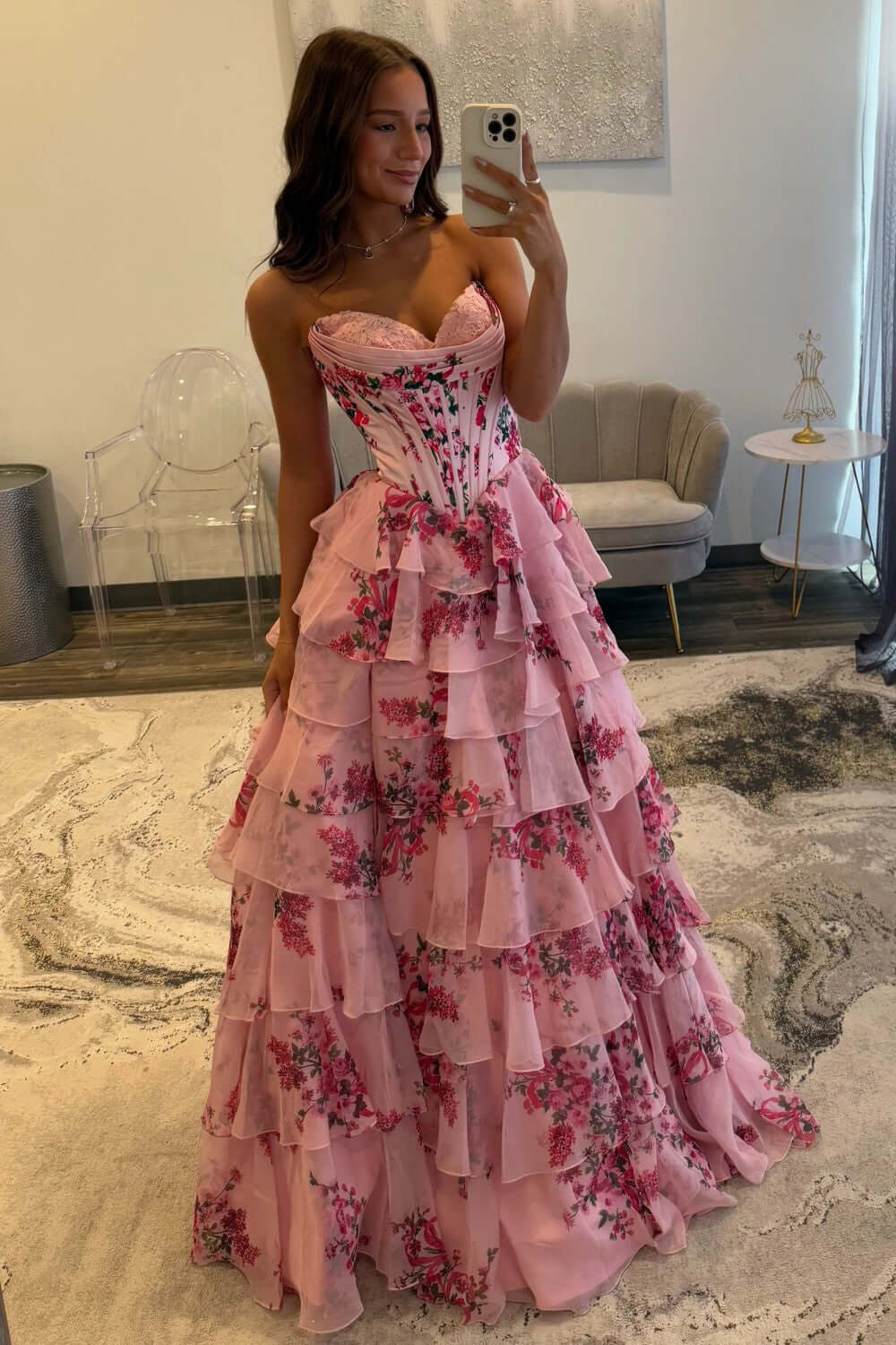 A Line Tiered Prom Dress Blush Sweetheart Corset Floral Long Formal Dress