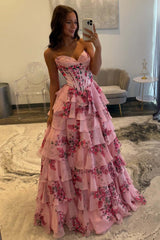 A Line Tiered Prom Dress Blush Sweetheart Corset Floral Long Formal Dress