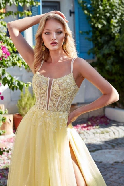 A Line Tulle Lace Spaghetti Straps Sleeveless Formal Dress With Slit