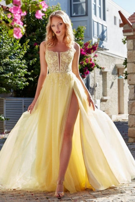 A Line Tulle Lace Spaghetti Straps Sleeveless Formal Dress With Slit
