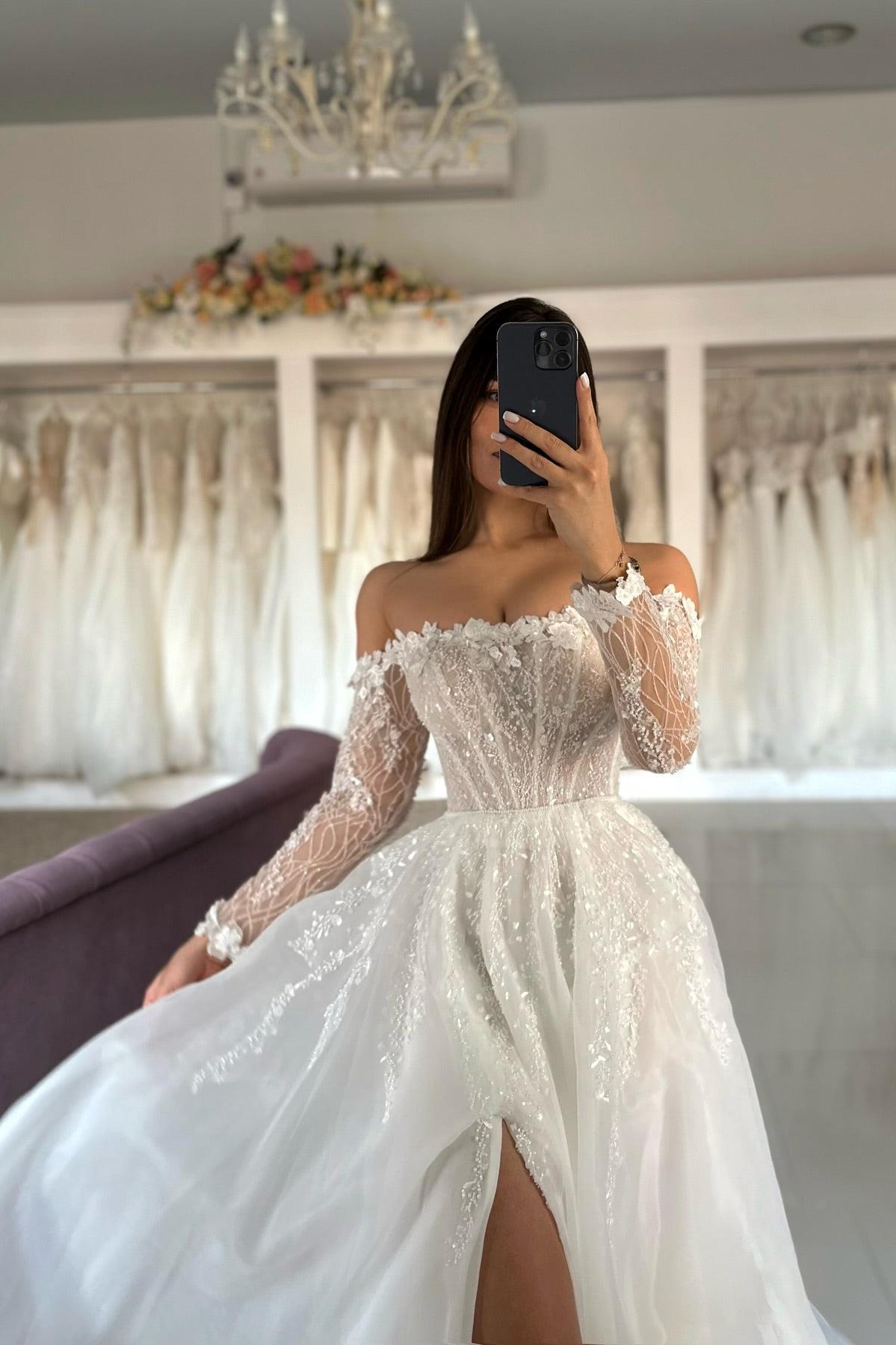 A Line Tulle Lace Strapless Sleeve White Wedding Dress Bridal Gown With Split Front