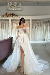 A Line Tulle Lace Strapless Sleeve White Wedding Dress Bridal Gown With Split Front