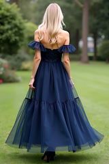 A Line Tulle Navy Wedding Guest Dress Sweetheart Ankle-Length Formal Dress
