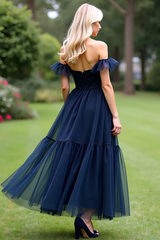 A Line Tulle Navy Wedding Guest Dress Sweetheart Ankle-Length Formal Dress