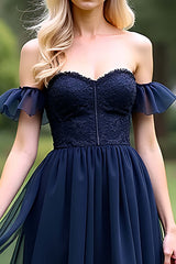 A Line Tulle Navy Wedding Guest Dress Sweetheart Ankle-Length Formal Dress