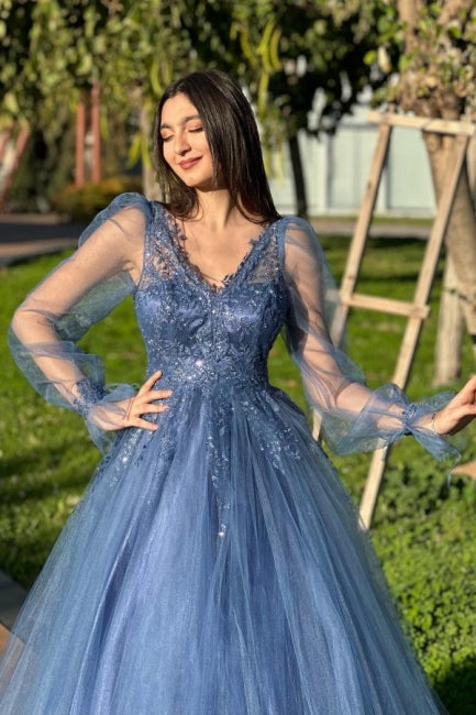 A Line Tulle V Neck Sleeve Formal Dress With Appliques