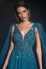 A Line V Neck Beaded Sequined Cap Sleeves Floor Length Tulle Formal Dress